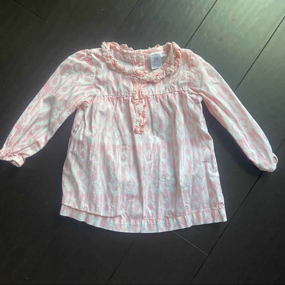 Carter’s baby girl long sleeve pink & white tribal print shirt size 24M EUC